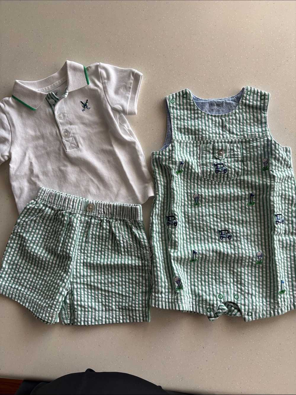 Little Me White Polo & Green Seersucker Shorts + Romper Set - Green/White